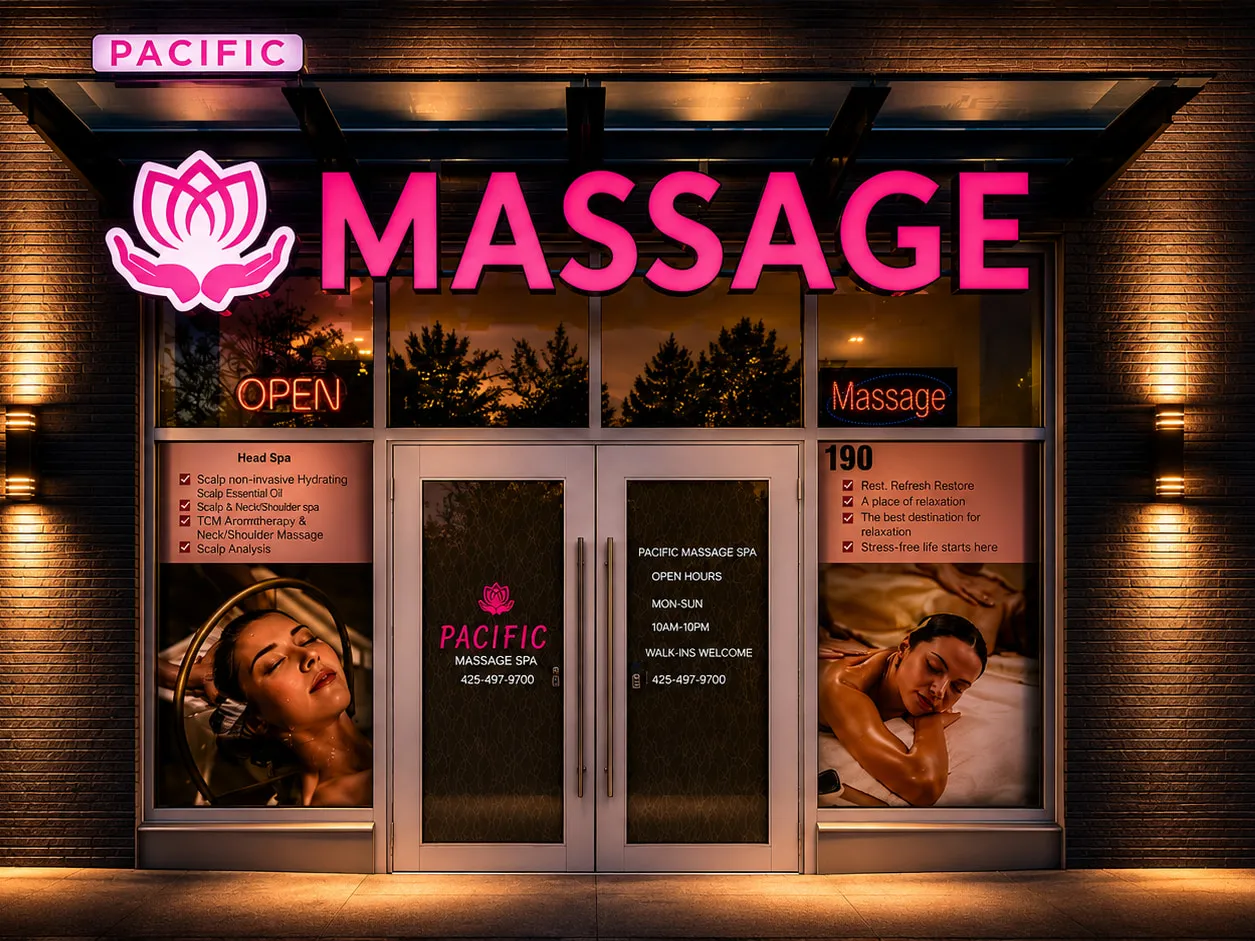 Pacific Massage & Head Spa entrance in Redmond, with a pink lotus sign above Suite 190.