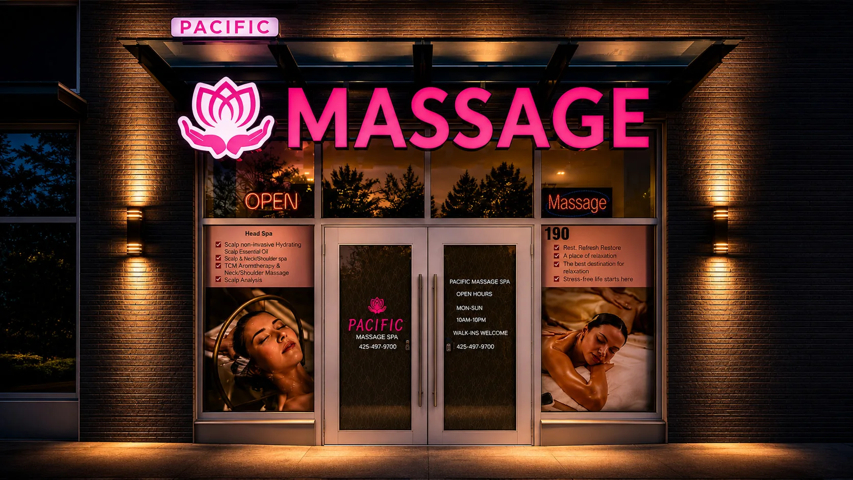 The lit storefront of Pacific Massage & Head Spa at 15220 NE Shen St, Suite 190, Redmond WA at dusk — the pink lotus mark and neon MASSAGE sign above the doors