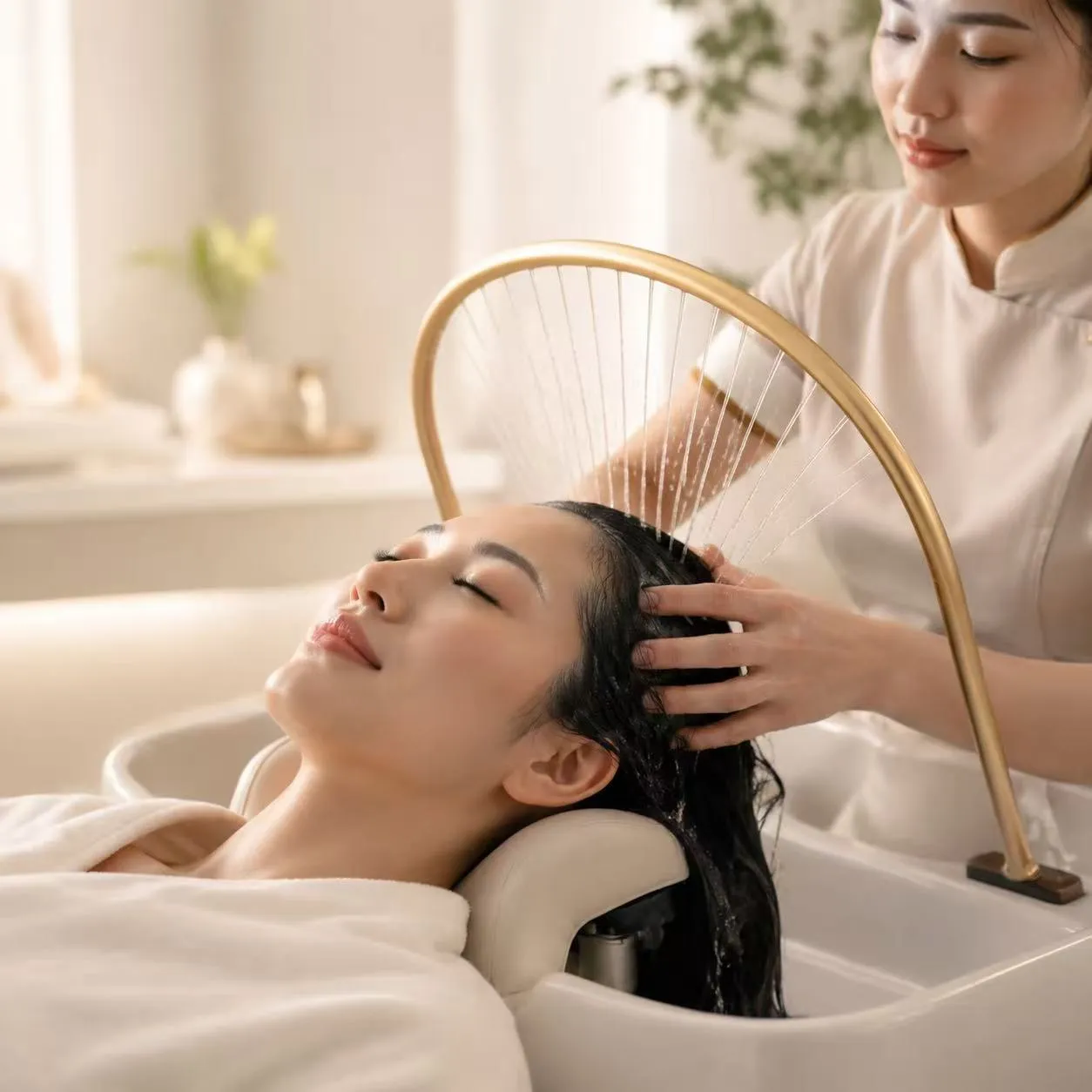 A relaxing head spa session under a halo of flowing water.